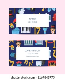 Vector flat theatre icons business card template for talent agency or actor classes illustration