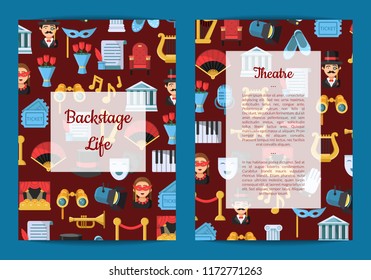 Vector flat theatre icons card or flyer template illustration. Banner and poster with colored pattern