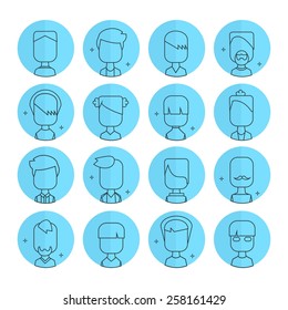 Vector flat thin contour icon set avatar people. Line art.