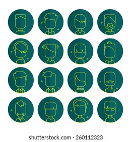Vector flat thin contour icon set avatar people. Line art.