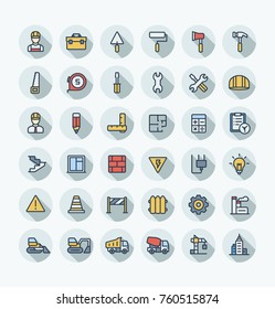 Vector flat thin line icons set and graphic design elements. Illustration with construction, industrial, architectural, engineering outline symbols. Home repair tools, worker, build color pictogram