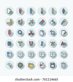 Vector flat thin line icons set, graphic design elements. Illustration with text edit, Graphic tools outline symbols. Pencil, eraser, new file, brush, pen, scissors, bold, italic font color pictogram