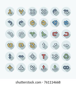 Vector flat thin line icons set and graphic design elements. Illustration with arrows, direction and move outline flat symbols. Turn left, merge, switch, undo, transfer, synchronizing color pictogram