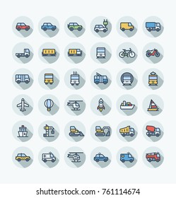 Vector flat thin line icons set, graphic design elements. Illustration with public transport, cars outline symbols. Electric auto, minivan, truck, train, bicycle, bus, metro, airplane color pictogram