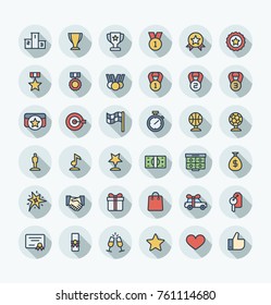 Vector flat thin line icons set, graphic design elements. Illustration with award, achievement symbols. Medal, sport trophy, first place prize, victory gift, cinema, music statuette color pictogram