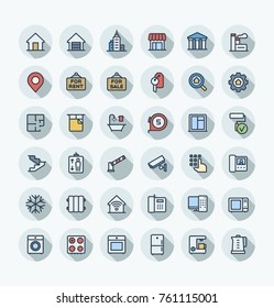 Vector flat thin line icons set, graphic design elements. Real estate outline symbols illustration. Residential properties, apartments, store, office agency, rent room, bathroom, lift color pictogram