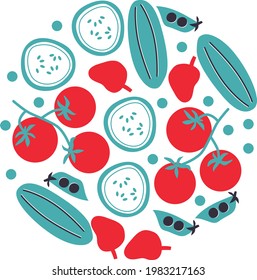 Vector flat tomatoes, cucumbers, peas. Abstract vegetables set. Funny colored typography poster, advertising, packaging print design, restaurant menu decoration. Isolated. EPS 10