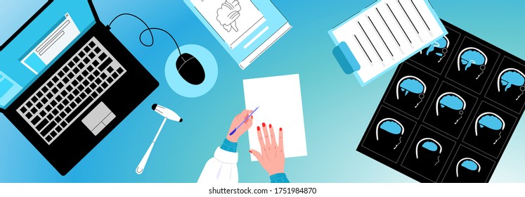 Vector flat top view doctors neurologists desktop. There are MRI items, laptop, hammer, empty piece of paper, hands that write, textbook on neurology. You can use it for web design, landing pages, etc