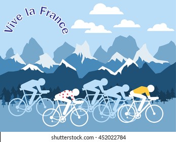 Vector flat tour cycling illustration - figures of abstract cyclists on rocky mountain background. Poster with signature "Vive la France" - "Long live France". Yellow and polka dot jersey