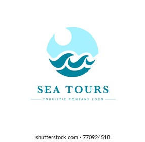 Vector flat touristic company logo design isolated on white background. Travel agency emblem sign. Blue water wave symol, icon. Sea tours logotype. Ocean cruise.