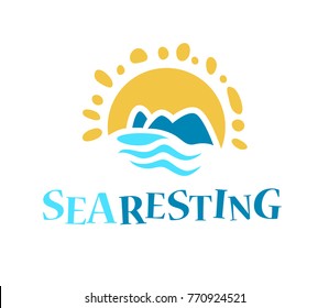 Vector flat touristic company logo design isolated on white background. Travel agency emblem sign. Blue water wave symol, icon. Sea tours logotype. Ocean cruise.