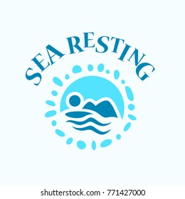 Vector flat touristic company logo design isolated on white background. Travel agency emblem sign. Blue water wave symol, icon. Sea tours logotype. Ocean cruise.