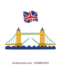 vector flat Tower Bridge of London, union jack flag icon. United kingdom, great britain, national english traditional symbol, architecture landmark building. Isolated illustration on white background
