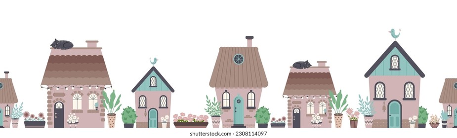 Vector flat townscape seamless long banner. Cute street with houses or buidings facades.