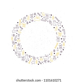 Vector flat traditional Christmas decor with lettering & icons - fir tree, decoration ball, snowflake, gift box, bell - isolated on white background. Package design, cards, posters elements. Line art.
