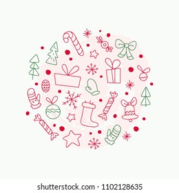 Vector flat traditional Christmas decor icons - fir tree, decoration ball, snowflake, gift box, bell, star, sweet - isolated on white background. Packaging design, cards, posters elements. Line art.