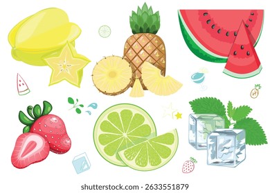 Vector flat trandy hand drawn fruits set? ingredients for summer cocktails, isolated, juice  and natural