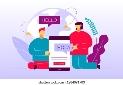 Vector flat translation design concept of  big modern people, holding smartphone with word Hello in spanish. Trendy language courses, translation agency illustration with earth globe and leaves.