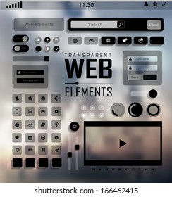 Vector flat transparent Web, mobile Elements, icons. Buttons and Labels, blur background