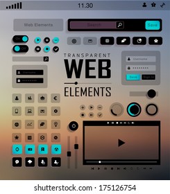 Vector flat transparent Web, mobile Elements, icons. Buttons and Labels, blur background