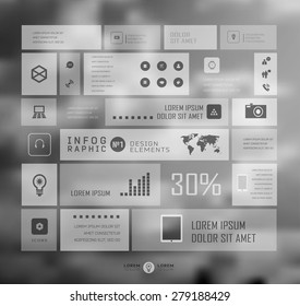 Vector flat transparent Web, mobile Elements, icons. Buttons and Labels, blur background