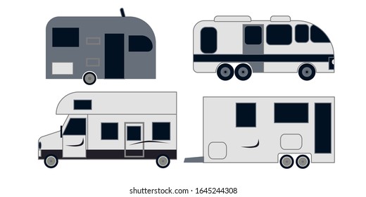 Vector flat transport caravan and trailer set.Camping trailers isolated on a white background. Modern mobile home for rural and natural recreation.Recreational vehicles for family tourism and leisure.