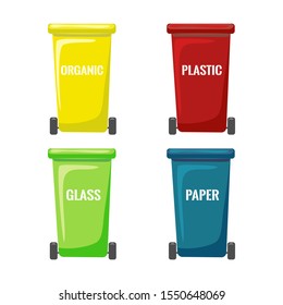 Vector flat trash bins collection isolated on white background. Wheels cans for separate garbage collection. colored containers for different types of waste. Recycling and utilization equipment icons.