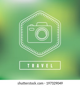Vector flat travel badge in outline style - emblem with camera icon