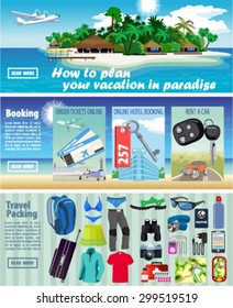 Vector flat travel banner set. Trip plan for vacation in paradise.