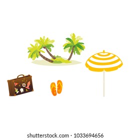 Vector flat travel, beach vacation symbols icon set. Summer holiday rest elements - palm sand island, sun umbrella, slippers, travelling bag. Isolated illustration, white background