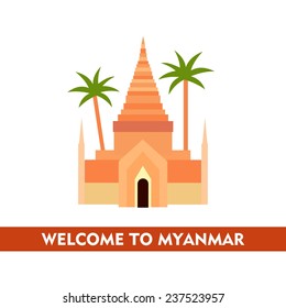 Vector flat travel icon about Myanmar (Burma). Welcome to Myanmar