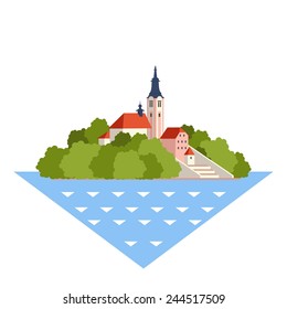 Vector flat travel icon about Slovenia (lake Bled). Welcome to Slovenia