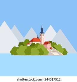 Vector flat travel icon about Slovenia (lake Bled). Welcome to Slovenia