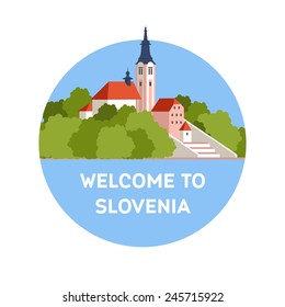 Vector flat travel icon about Slovenia (lake Bled). Welcome to Slovenia