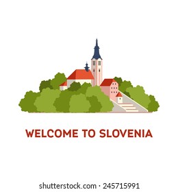 Vector flat travel icon about Slovenia (lake Bled). Welcome to Slovenia