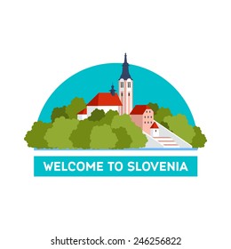 Vector flat travel icon about Slovenia (lake Bled). Welcome to Slovenia