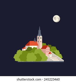 Vector flat travel icon with old town in Slovenia at night. The lake Bled and moon . Welcome to Slovenia
