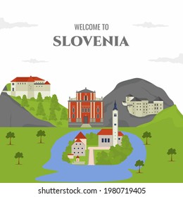 Vector flat travel icon in Slovenia. Welcome to Slovenia. World famous building landmark travel, tourism destination infographic, information. Cartoon illustration design business element