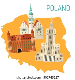 Vector flat travel map of Poland with building landmarks