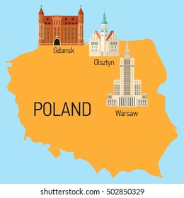 Vector flat travel map of Poland with building landmarks