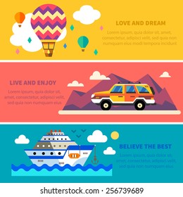 Vector flat traveling set Travel by land, sea and air. Balloon, Jeep , Ship. Landscapes with mountains and sea. World of discovery. Vector flat  illustrations and background