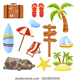Vector flat travelling bag, beach vacation icon set. Summer holiday slippers surf starfish sand island with palm, wooden direction sign sun umbrella lounger yacht stone clouds. Isolated illustration