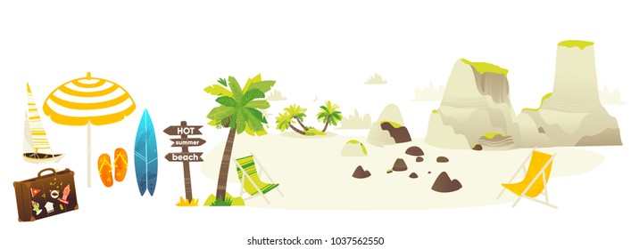 Vector flat travelling bag, beach vacation icon set. Summer holiday slippers surf sand island with palm, wooden direction sign sun umbrella lounger yacht stones. Isolated illustration