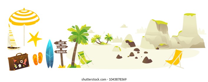 Vector flat travelling bag, beach vacation icon set. Summer holiday slippers surf sand island with palm, wooden direction sign sun umbrella lounger yacht stones. Isolated illustration