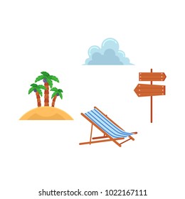 Vector flat travelling, beach vacation symbols icon set. Summer holiday rest elements - lounger, palm sand island cloud wooden board sign pointer. Isolated illustration, white background