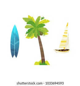 Vector flat travelling, beach vacation symbols icon set. Summer holiday rest elements - palm tree plant with coconut, surf with underwater print, sailing yacht. Isolated illustration, white background