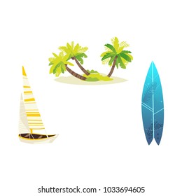 Vector flat travelling, beach vacation symbols icon set. Summer holiday rest elements - sand island withpalm tree plant with coconut, surf print, sailing yacht. Isolated illustration, white background