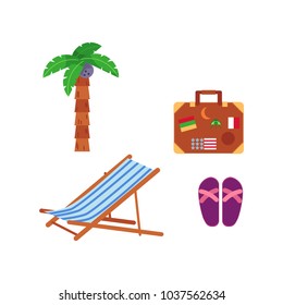 Vector flat travelling, beach vacation symbols icon set. Summer holiday rest elements - lounger, palm, slippers, travel bag with marks. Isolated illustration, white background