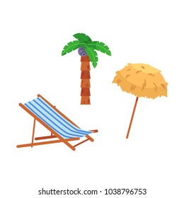 Vector flat travelling, beach vacation symbols icon set. Summer holiday rest elements - lounger, palnm, sunshade sun straw umbrella. Isolated illustration, white background