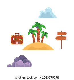Vector flat travelling, beach vacation symbols icon set. Summer holiday rest elements - sand island with palm, wooden sign with direction, travel bag clouds. Isolated illustration, white background